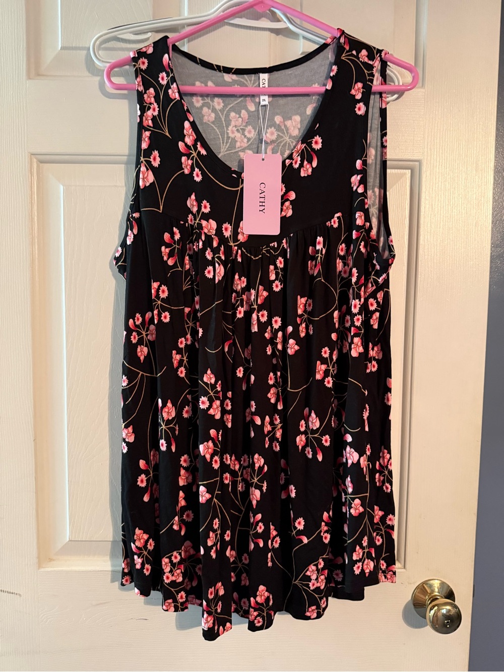 Cathy Black Floral Sleeveless Tank with Pink Blossom Print